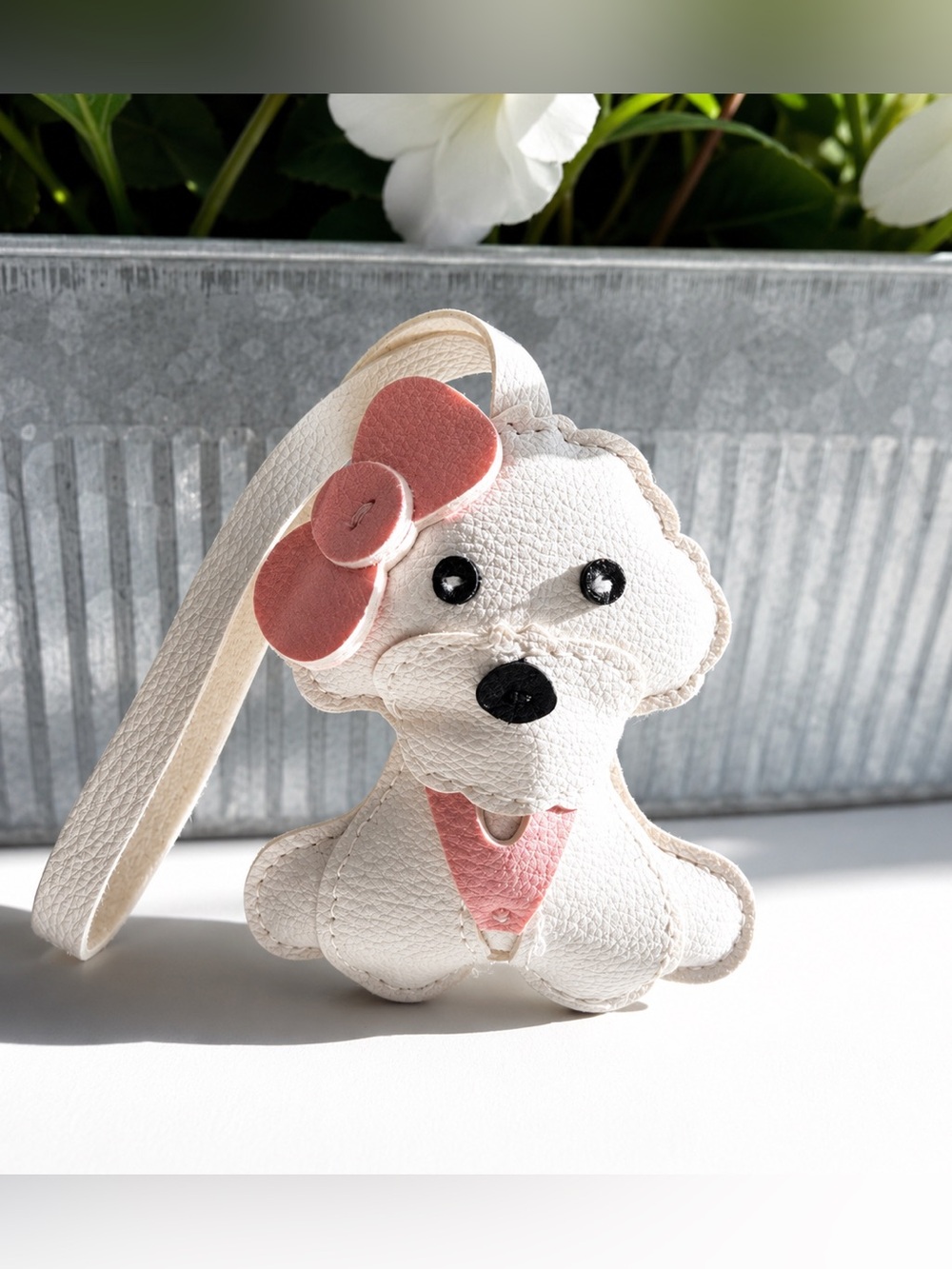 Cute White Puppy Wristlet Charm / Keychain Pink Bow 🎀